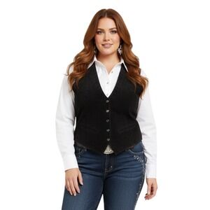 VTG Ivy Club Classics 20W Black Suede Leather Vest Western Button Front Academia